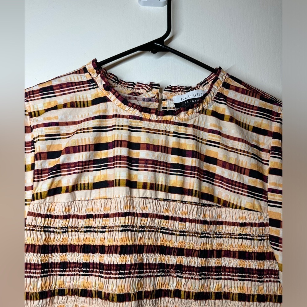 Eloquii Elements Plaid Short Puff Sleeves Peplum Smocked Cream Black Blouse 22 - Picture 4 of 16